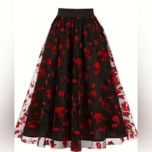 Black and Red Floral Print A-line Skirt